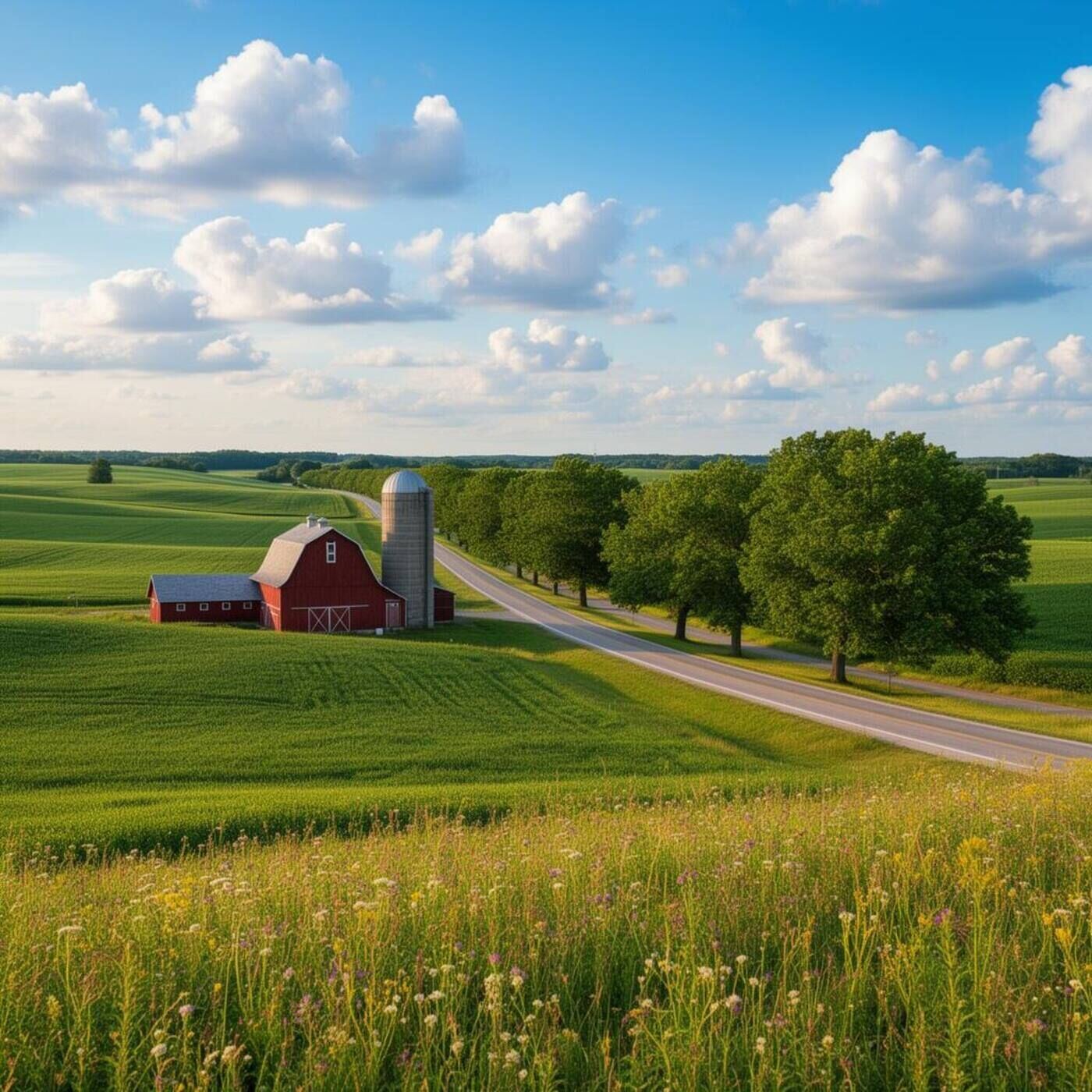 Rolling Wainfleet farmland with red barn and country road