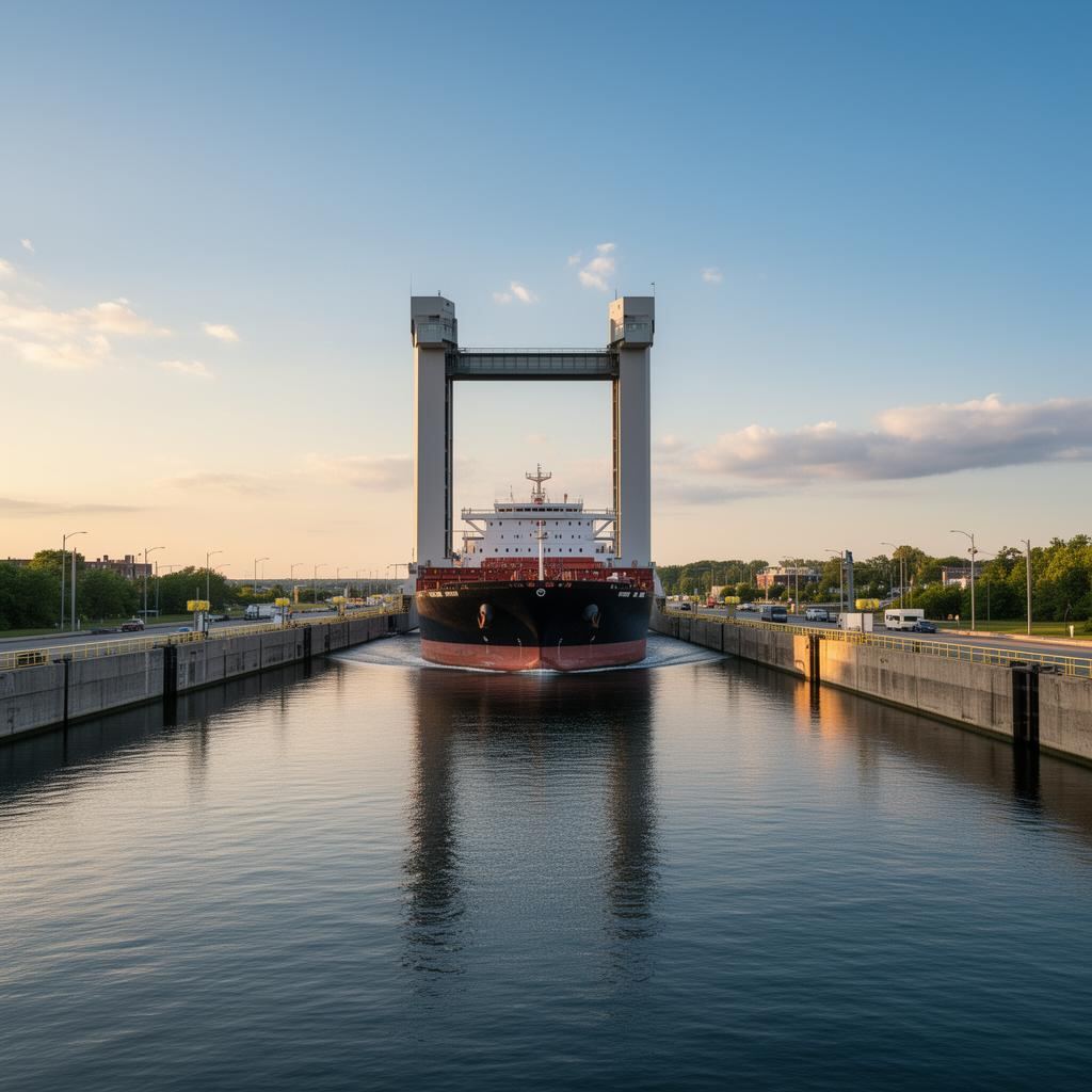 Aerial view of the Welland Canal with a freighter passing through, dentist serving Welland and South Niagara
