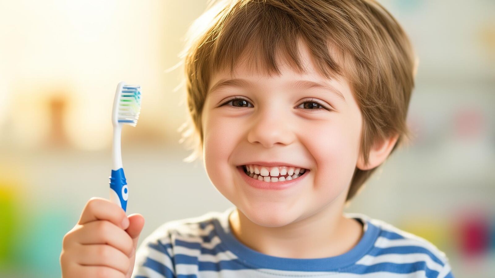 Smiling young child holding a toothbrush, gentle dental care for kids