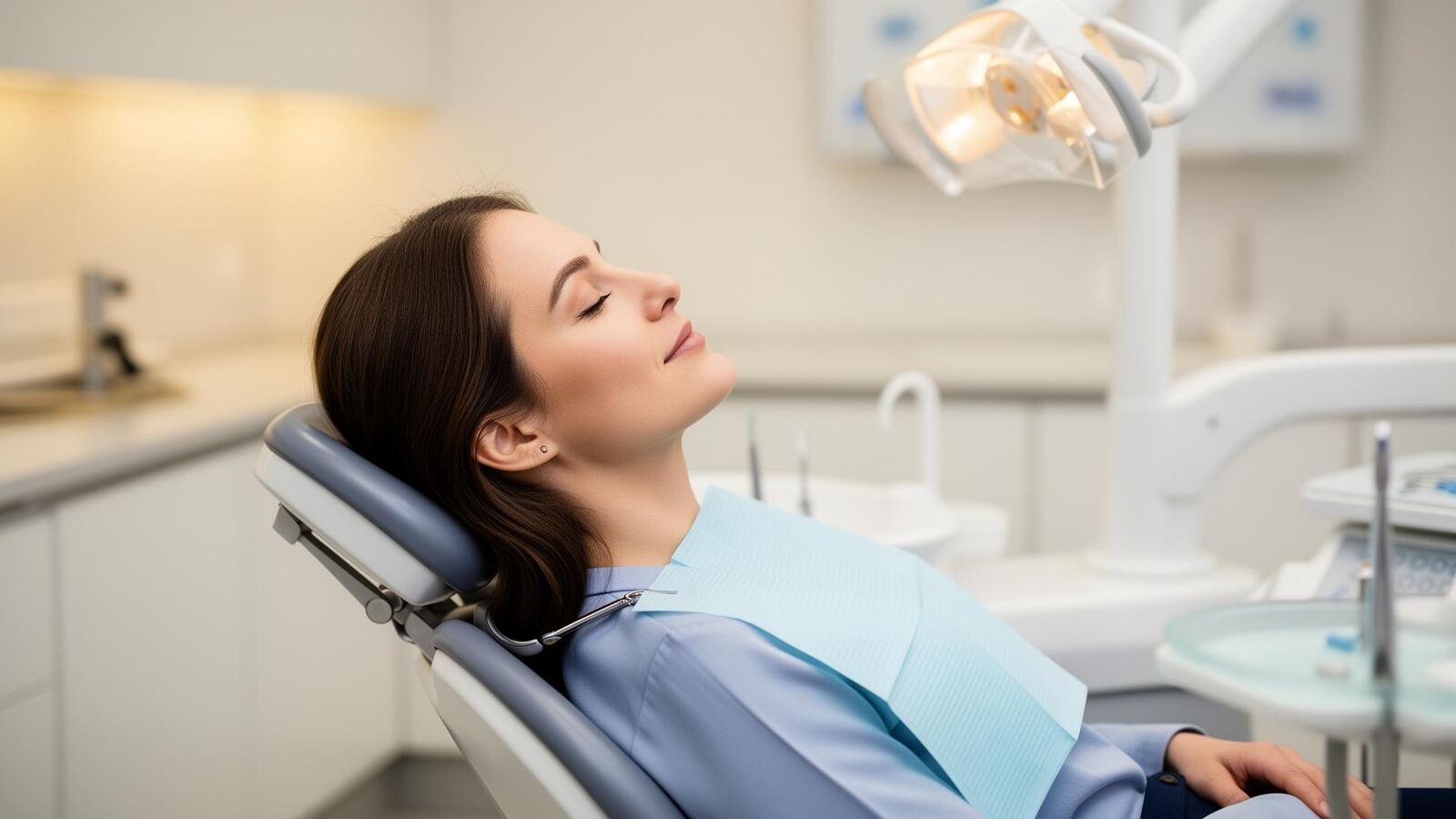 Relaxed patient resting comfortably in a modern dental chair, sedation dentistry